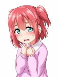  1girl blush child d: dress green_eyes kurosawa_ruby long_sleeves looking_at_viewer love_live! love_live!_sunshine!! medium_hair open_mouth pink_dress redhead simple_background solo two_side_up upper_body white_background yopparai_oni younger 
