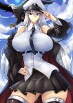  1girl absurdres alternate_breast_size azur_lane bald_eagle bare_shoulders belt bird black_belt black_coat black_neckwear breasts coat eagle enterprise_(azur_lane) haganef hat highres huge_breasts long_hair military_hat necktie open_clothes open_coat peaked_cap shirt skirt sleeveless sleeveless_shirt thigh-highs underbust very_long_hair violet_eyes white_hair white_headwear 