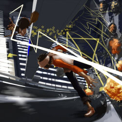  1boy 1girl apron asakura_teppei black_hair blonde_hair bloomers bow bridge broken_glass broom broom_riding building city city_lights crossover danmaku explosion fighting firing flying glass hat hat_bow headband kasutank kirisame_marisa long_sleeves looking_at_another m.u.g.e.n night original running star_(symbol) touhou two-tone_shirt waist_apron white_bloomers white_headband witch_hat yellow_eyes 