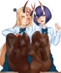  2girls bangs blonde_hair blue_skirt blush bob_cut breasts brown_legwear contemporary eyeliner facial_mark fang fang_out fate/grand_order fate_(series) feet forehead forehead_mark hair_pulled_back heart highres horns ibaraki_douji_(fate/grand_order) leg_up legs long_hair long_sleeves looking_at_viewer makeup multiple_girls oni oni_horns open_mouth pantyhose pointy_ears purple_hair shin_(rwkk8733) shirt short_hair shuten_douji_(fate/grand_order) skin-covered_horns skirt small_breasts smile soles squiggle tattoo toes violet_eyes white_shirt yellow_eyes 