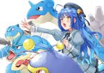  1girl absurdres ahoge alternate_costume amamiya_kokoro bell beret blastoise blush fang gen_1_pokemon gyarados hair_bell hair_ornament hat highres lapras long_hair looking_to_the_side nijisanji open_mouth pokemon_(creature) school_uniform shochiku white_background 