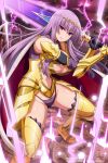  1girl absurdres armor armored_boots artist_request bangs boots breasts cape circlet claudette_(queen&#039;s_blade) company_connection gold_armor highres holding holding_sword holding_weapon large_breasts lips long_hair looking_at_viewer navel official_art purple_hair queen&#039;s_blade queen&#039;s_blade_unlimited queen&#039;s_blade_white_triangle shoulder_armor sidelocks solo spaulders sword thighs underwear vambraces violet_eyes weapon 