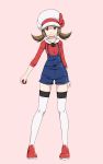  1girl arms_behind_back blue_shorts brown_eyes brown_hair collar collarbone full_body hat holding holding_poke_ball long_sleeves looking_at_viewer lyra_(pokemon) overalls pink_background poke_ball pokemon pokemon_(game) pokemon_hgss red_footwear red_shirt shirt shoes shorts sidelocks simple_background smile solo suspender_shorts suspenders thigh-highs tsukishiro_saika twintails white_collar white_headwear white_legwear 