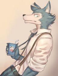  1boy beastars blue_pants closed_mouth collared_shirt commentary_request drinking_straw furry furry_male grey_background hierotubas holding holding_milk_carton legoshi male_focus milk_carton necktie pants shirt simple_background solo suspenders white_shirt wolf_boy 