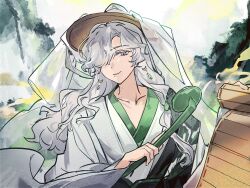  1girl bamboo_slips chinese_clothes closed_mouth earrings hair_over_one_eye hand_up hanfu highres holding jewelry long_hair looking_at_viewer mole mole_under_mouth mountain official_alternate_costume one_eye_covered reverse:1999 ruyi salmonknko smile solo upper_body violet_eyes weimao white_hair white_hanfu windsong_(reverse:1999) 