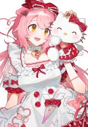  1girl absurdres animal_ears arknights blush bow cat_ears cowboy_shot doll dress floppy_ears frilled_dress frills goldenglow_(arknights) goldenglow_(party_in_the_garden)_(arknights) hair_bow hair_ornament heart hello_kitty hello_kitty_(character) highres holding holding_doll long_hair nanagom official_alternate_costume open_mouth pink_hair puffy_short_sleeves puffy_sleeves red_bow sanrio short_sleeves solo white_dress yellow_eyes 