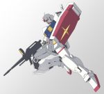  absurdres commentary floating gradient gradient_background gun gundam highres holding holding_gun holding_shield holding_weapon looking_down mecha mobile_suit_gundam no_humans rx-78-2 shield solo takahashi_masaki v-fin weapon yellow_eyes 