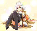  1girl ahoge bandaged_arm bandages blush breasts brown_robe chain creature cuffs duel_monster grey_eyes happy_lover heart hood hood_down hooded_robe looking_at_viewer lyna medium_breasts no_shoes pom_pom_(clothes) pout robe short_hair shorts sitting suno-pi thigh-highs thighs white_hair wings yuu-gi-ou 
