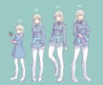  1girl absurdres age_progression alternate_costume aqua_background blonde_hair blush_stickers boots brave_witches bug butterfly eila_ilmatar_juutilainen hair_between_eyes hand_on_hip highres insect iron_cross knee_boots long_hair looking_to_the_side military military_uniform multiple_views older pantyhose pigeon-toed pondo_(peng-model) smile strike_witches tarot uniform violet_eyes world_witches_series younger 