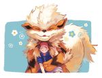  1boy arcanine blue_jacket blush brown_hair capri_pants closed_eyes commentary_request flower gen_1_pokemon grey_pants happy jacket nate_(pokemon) pants pokemon pokemon_(creature) pokemon_(game) pokemon_bw2 red_headwear short_sleeves su_(hskm2su) teeth visor_cap zipper_pull_tab 