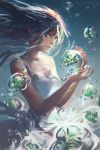  1girl air_bubble aqua_eyes bangs black_hair breasts bubble commentary commission dress english_commentary highres long_hair looking_at_viewer making-of_available original plant sleeveless small_breasts solo underwater watermark web_address wenqing_yan white_dress 