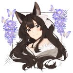  aaaaaaisya19 animal_ear_fluff animal_ears black_choker brown_hair bug butterfly chai_(yueko_(jiayue_wu)) choker close-up crescent crescent_earrings earrings english_commentary eyebrows_visible_through_hair floral_background fox_ears highres indie_virtual_youtuber insect jewelry long_hair looking_at_viewer ribbon sidelocks white_background white_ribbon 