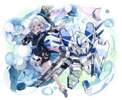  1girl 1other absurdres bimmy black_gloves black_hat black_jacket black_shorts blue_eyes blue_hair blush furina_(genshin_impact) genshin_impact gentilhomme_usher gloves gun gundam hair_between_eyes hat hi-nu_gundam highres jacket leg_up long_hair long_sleeves mecha multicolored_hair one_eye_closed open_mouth robot shorts streaked_hair surintendante_chevalmarin top_hat weapon white_gloves white_hair 