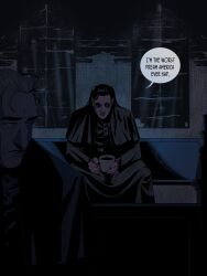  absurdres arthur_beaucarne black_hair black_robe cassock church confession cup evenmoreevil good_stab highres holding holding_cup long_hair native_american old old_man pew robe shade sitting sunglasses the_buffalo_hunter_hunter vampire white_hair 