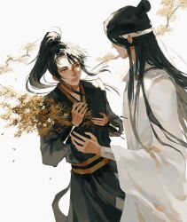 black_gloves black_hair black_hanfu branch chinese_clothes chinese_commentary cowboy_shot falling_leaves gloves grey_eyes hanfu high_ponytail highres holding holding_branch leaf long_hair long_sleeves looking_at_another modao_zushi partially_fingerless_gloves ponytail sash simple_background smile standing topknot white_background white_blindfold white_hanfu wide_sleeves xiao_xingchen xue_yang yangshu893 yellow_leaves yellow_sash 