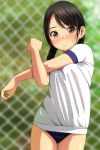  1girl absurdres bangs black_hair blue_buruma blurry blurry_background blush braid breasts brown_eyes buruma chain-link_fence closed_mouth day depth_of_field eyebrows_visible_through_hair fence gym_shirt gym_uniform highres long_hair matsunaga_kouyou nose_blush original outdoors parted_bangs shirt short_sleeves small_breasts solo standing stretch twin_braids white_shirt 