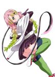  1girl ass belt braid cape closed_mouth dutch_angle from_side gradient_hair green_eyes green_hair green_legwear highres holding holding_weapon jacket kanroji_mitsuri kimetsu_no_yaiba long_hair looking_at_viewer looking_to_the_side mole mole_under_eye multicolored_hair pink_hair purple_jacket purple_skirt sandals scabbard sheath simple_background skirt solo standing standing_on_one_leg thigh-highs twin_braids unsheathed weapon whip_sword white_background white_belt white_cape yopparai_oni 