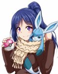  1girl blue_hair brown_jacket closed_mouth eyebrows_visible_through_hair fingernails gen_4_pokemon glaceon hands_up holding holding_poke_ball jacket long_sleeves looking_at_viewer love_ball love_live! love_live!_sunshine!! matsuura_kanan on_shoulder poke_ball pokemon_(creature) pokemon_on_shoulder scarf simple_background smile solo violet_eyes white_background yellow_scarf yopparai_oni 