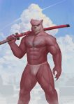 1boy abs animal_ears bakemono_no_ko bara bear_boy bear_ears beard brown_fur brown_hair bulge chest chest_hair clouds cloudy_sky facial_hair feet_out_of_frame fundoshi furry furry_male highres japanese_clothes kumatetsu large_pectorals loincloth male_focus male_underwear manly mature_male muscular muscular_male navel nipples over_shoulder pectorals red_eyes short_hair sky solo stomach sword sword_over_shoulder thick_eyebrows thick_thighs thighs topless_male underwear underwear_only vian weapon weapon_over_shoulder white_male_underwear