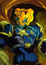  1boy absurdres armor blue_armor cowboy_shot desire_driver highres kamen_rider kamen_rider_geats_(series) kamen_rider_punkjack male_focus rider_belt sendalman solo tokusatsu upper_body 