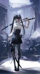  1girl bangs black_hair closed_mouth dual_wielding grey_eyes highres holding holding_sword holding_weapon kuronoiparoma long_hair original outdoors over_shoulder post-apocalypse solo standing sword twintails weapon weapon_over_shoulder 