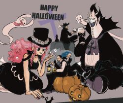  1girl 4boys ascot black_coat black_dress black_hair black_pants blue_hair buggy_the_clown cat coat commentary crocodile_(one_piece) cup dracule_mihawk dress f4ylu gecko_moria ghost happy_halloween hat hat_feather highres holding holding_cup horns lantern long_hair multiple_boys one_piece pants perona pink_hair pumpkin sharp_teeth shirt size_difference smile stitched_face stitches teeth tongue tongue_out white_shirt 
