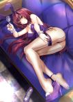  1girl animal_ears ass bangs bare_shoulders blush breasts bunnysuit commentary_request couch cup fate/grand_order fate_(series) feet fishnet_legwear fishnets footwear_removed full_body hair_between_eyes hand_on_own_leg hane_yuki highres holding holding_cup large_breasts leotard light_particles long_hair looking_at_viewer lying on_side parted_lips purple_hair purple_leotard purple_neckwear rabbit_ears red_eyes scathach_(fate)_(all) scathach_(fate/grand_order) shoe_dangle shoes single_shoe solo thigh_strap thighs wrist_cuffs 