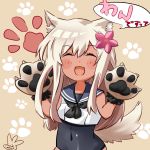  1girl animal_ears artist_logo black_neckwear black_sailor_collar black_swimsuit blonde_hair brown_background closed_eyes commentary_request covered_navel cowboy_shot crop_top dog_ears dog_tail facing_viewer gloves kantai_collection long_hair neckerchief paw_gloves paw_print paws ro-500_(kantai_collection) sailor_collar san-hitome_no_haru school_swimsuit smile solo swimsuit swimsuit_under_clothes tail tan 