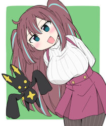  akoya_matama arm_behind_back black_pantyhose border breasts brown_hair commentary_request fang green_background green_eyes highres large_breasts looking_at_viewer mahou_shoujo_ni_akogarete pantyhose rainbowcard red_skirt shirt skirt smile star_(symbol) tagme venalita white_border white_shirt yellow_eyes 
