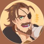  1boy brown_eyes brown_hair close-up eugen_(granblue_fantasy) eyepatch face facial_hair goatee granblue_fantasy green_eyes highres looking_at_viewer male_focus manly medium_hair mustache open_mouth portrait smile smith_(ardp13) solo 