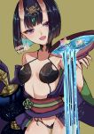  1girl alcohol artist_request bangs bare_shoulders blush bob_cut breasts collarbone cup dated eyeliner fangs fate/grand_order fate_(series) gourd green_background headpiece highres horns japanese_clothes kimono long_sleeves looking_at_viewer makeup obi off_shoulder oni oni_horns open_mouth pouring purple_hair purple_kimono revealing_clothes saint_quartz sakazuki sake sash short_hair shuten_douji_(fate/grand_order) skin-covered_horns small_breasts smile violet_eyes wide_sleeves 