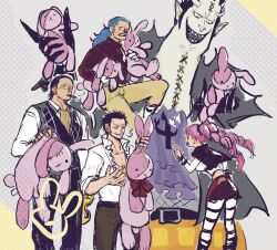  1girl 4boys ascot black_hair blue_hair buggy_the_clown cigar crocodile_(one_piece) dracule_mihawk f4ylu gecko_moria gloves hand_on_own_hip highres holding multiple_boys one_piece pantyhose perona pink_hair purple_ascot shirt skirt smile striped_clothes striped_pantyhose sweatdrop talking twintails white_gloves white_shirt 