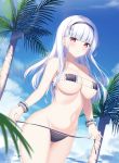  1girl azur_lane bangs bare_shoulders beach bikini black_hairband blue_sky blunt_bangs blush bracelet breasts closed_mouth clouds coconut_tree collarbone commentary_request cowboy_shot day dido_(azur_lane) eyebrows_visible_through_hair eyepatch_bikini frilled_bikini frills from_below hair_ornament hairband highres holding holding_bikini jewelry large_breasts lin_(user_uzmw2535) long_hair looking_at_viewer navel outdoors palm_tree silver_hair sky sleeveless smile solo standing strapless strapless_bikini swimsuit tree untied untied_bikini 