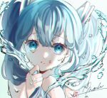  1girl bangs bare_shoulders blue_eyes blue_hair dripping eyelashes hair_ornament hair_over_shoulder hatsune_miku highres holding holding_hair long_hair looking_at_viewer mobumobu0817 number parted_lips portrait signature solo tears twintails vocaloid water wet wet_hair 