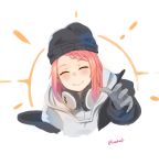  1girl absurdres black_headwear blush closed_eyes closed_mouth girls_frontline gloves grey_gloves hat headphones headphones_around_neck highres jacket kion-kun long_sleeves multicolored_hair pink_hair purple_hair simple_background smile solo two-tone_hair white_background 