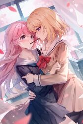  2girls absurdres bang_dream! bang_dream!_it&#039;s_mygo!!!!! black_pantyhose black_shirt blonde_hair blush bow bowtie chihaya_anon classroom curtains falling_petals floating_hair food food_in_mouth guzangnanfeng highres indoors long_hair long_sleeves looking_at_another medium_hair misumi_uika multiple_girls mygo!!!!!_(bang_dream!) neckerchief pantyhose petals pink_hair pocky pocky_in_mouth red_bow red_bowtie sailor_collar school_uniform shirt skirt white_sailor_collar window 