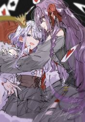  2girls amasawa_hajime amasawa_kyou blush brown_coat card coat commentary_request content_rating crown dress grey_dress highres juliet_sleeves long_hair long_sleeves looking_at_viewer mini_crown multiple_girls open_mouth parted_lips playing_card puffy_sleeves purple_hair sasayaku_you_ni_koi_wo_utau siblings sisters takeshima_eku violet_eyes 