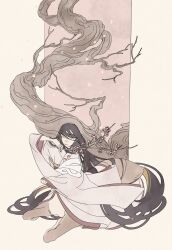  1girl 1other absurdres baby black_hair branch centauroid cherry_blossoms closed_eyes closed_mouth commentary_request deer_girl highres holding holding_baby holding_branch japanese_clothes kimono long_hair long_sleeves obi obiage original sash sitting surie taur very_long_hair white_kimono wide_sleeves 