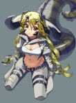 1girl arknights breasts brown_eyes crocodilian_tail dragon_horns dragon_tail estelle_(arknights) gloves green_hair hair_between_eyes horns large_breasts large_tail long_hair long_tail looking_at_viewer pants ryooo scar simple_background solo tail torn_clothes torn_legwear