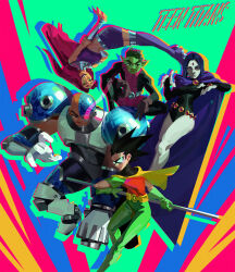  2girls 3girls beast_boy_(dc) boots cape colored_sclera colored_skin commentary copyright_name dc_comics english_commentary forehead_jewel green_eyes green_hair green_sclera green_skin grey_skin highres holding holding_staff ian_su leotard long_hair multiple_girls orange_skin purple_cape raven_(dc) staff starfire superhero_costume tamaranean teen_titans thigh_boots yellow_cape 