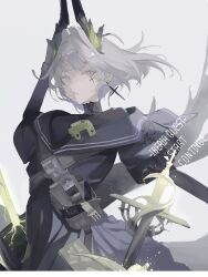  1girl arknights ay4_la bird_girl black_bodysuit bodysuit dress earrings english_text grey_background grey_eyes grey_hair hair_intakes head_wings highres irene_(arknights) irene_(the_adjudicatrix_and_her_resolve)_(arknights) jewelry looking_at_viewer medium_hair sailor_collar sailor_dress solo sword weapon wings 