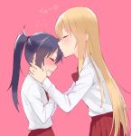  2girls bangs black_hair blonde_hair blush closed_eyes commentary_request doma_umaru flying_sweatdrops forehead_kiss from_side hands_on_another&#039;s_cheeks hands_on_another&#039;s_face height_difference hijiki_(hijikini) himouto!_umaru-chan kiss long_hair motoba_kirie multiple_girls open_mouth pink_background ponytail red_skirt school_uniform simple_background skirt sweatdrop very_long_hair wavy_mouth yuri 