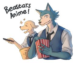  2boys beastars black_necktie blue_vest closed_mouth collared_shirt controller copyright_name cropped_torso dog_boy food furry furry_male hierotubas holding holding_food holding_remote_control jack_(beastars) legoshi male_focus multiple_boys necktie open_mouth popcorn remote_control shirt simple_background vest white_background wolf_boy 