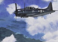  2boys absurdres acrylic_paint_(medium) atelier_bono clouds dive_bomber flying gun highres island machine_gun military_vehicle multiple_boys ocean original painting_(medium) propeller sbd_dauntless sky traditional_media united_states_navy vehicle_focus weapon world_war_ii 