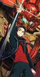  2boys arm_up black_hair black_jacket black_pants black_scarf blue_eyes cowboy_shot highres jacket male_focus mecha medium_hair multiple_boys no.1_sentai_gozyuger open_clothes open_jacket pants red_background red_eyes red_shirt robot scarf sentai_ring shirt super_sentai tega_sword_red tono_hoeru waa_(963_yz) 