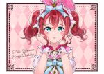  1girl aqua_eyes birthday bow character_name commentary_request copyright_name dated english_text hair_between_eyes hair_bow hair_ribbon happy_birthday highres kurosawa_ruby looking_at_viewer love_live! love_live!_sunshine!! maple_(maplesiroop) pink_background redhead ribbon solo twintails upper_body wrist_cuffs 