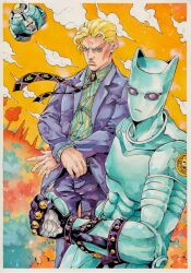  1boy 2others abs absurdres animal_ears argyle_clothes argyle_necktie black_gloves black_necktie blonde_hair cat_ears clouds cloudy_sky colored_sclera colored_skin crossed_arms diamond_wa_kudakenai gloves green_shirt green_skin highres jacket jojo_no_kimyou_na_bouken killer_queen kira_yoshikage looking_at_viewer male_focus multiple_others necktie open_clothes open_jacket painting_(medium) pants pink_sclera purple_necktie purple_pants purple_suit sheer_heart_attack shirt sky slit_pupils stand_(jojo) striped_clothes striped_shirt suit traditional_media upper_body violet_eyes watercolor_(medium) xfkart yellow_shirt yellow_sky 