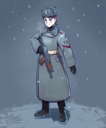  1girl absurdres aks-74u artist_name assault_rifle black_boots black_gloves blue_eyes blush boots braid brown_hair buttons check_weapon cigarette coat cockade double-breasted epaulettes flag fluffkaiser frown fur_collar fur_hat fur_trim furrowed_brow gloves gold_buttons greatcoat gun hat highres holding holding_gun holding_weapon kalashnikov_rifle kremlin_regiment military military_uniform original outdoors patch rifle russia russian_flag sash shoulder_patch signature single_braid snow snow_on_headwear snowing soldier solo star_(symbol) trigger_discipline twitter_username ushanka vk_username weapon weapon_request white_sash winter winter_clothes winter_uniform 