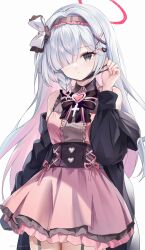  1girl absurdres alternate_costume bare_shoulders black_garter_straps black_hairband black_jacket black_mask blue_archive dress garter_straps grey_eyes guzangnanfeng hair_over_one_eye hair_ribbon hairband highres jacket jirai_kei long_hair looking_at_viewer mask mouth_mask pink_dress plana_(blue_archive) ribbon sidelocks solo surgical_mask white_ribbon 