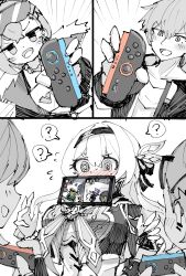  1boy 2girls 6sakuu ? @_@ absurdres blush breasts caelus_(honkai:_star_rail) emphasis_lines eyewear_on_head fingerless_gloves firefly_(honkai:_star_rail) gloves greyscale hairband highres honkai:_star_rail honkai_(series) joy-con large_breasts long_hair mario_kart monochrome multiple_girls nintendo_switch_2 playing_games ponytail silver_wolf_(honkai:_star_rail) spoken_question_mark spot_color super_mario_bros. trailblazer_(honkai:_star_rail) 
